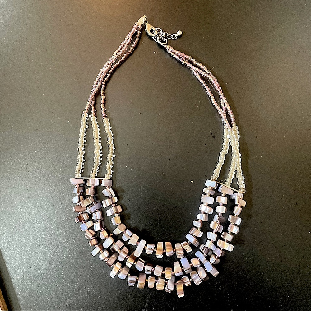 Beautiful 3 strand purple shell and seed bead necklace